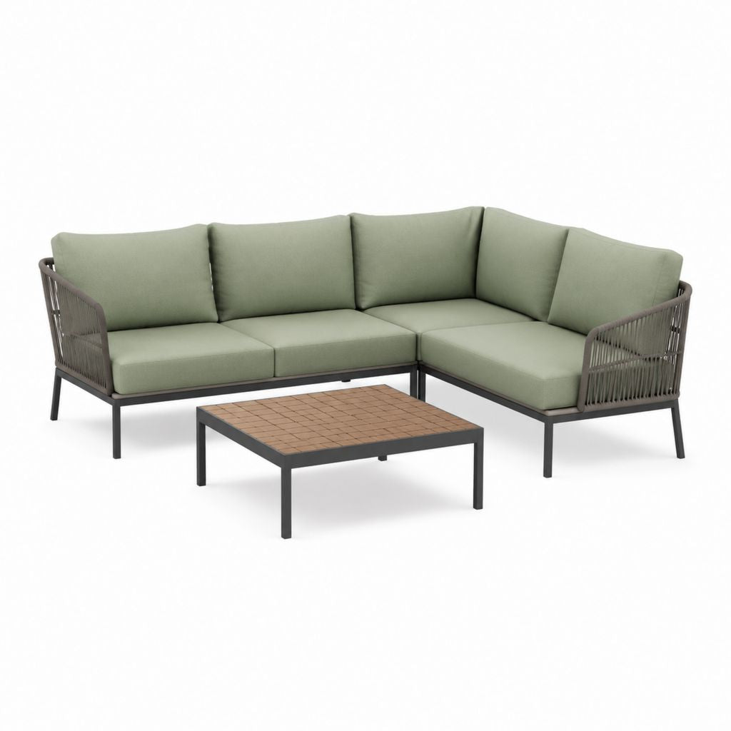 Salon de jardin d'angle 3 places vert kaki en acier et corde PE avec table basse 210 x 210 x 70 cm