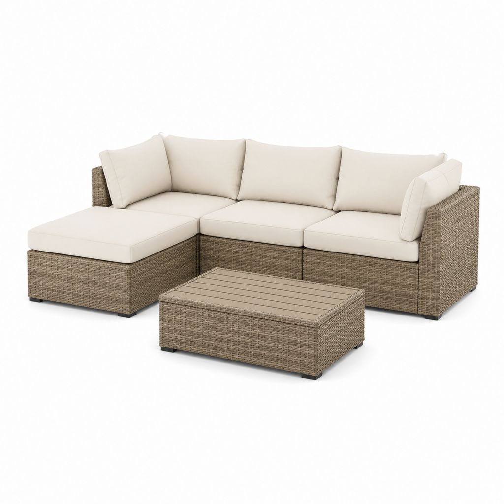 Salon de jardin d'angle 4 places avec table basse beige en résine tressée PE 230 x 160 x 65 cm