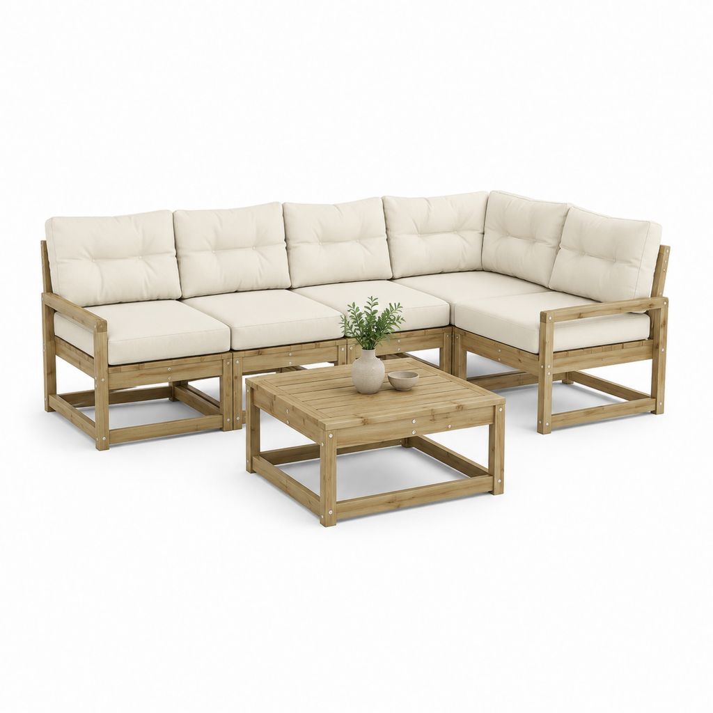 Salon de jardin d'angle 5 places avec table basse bois massif d'acacia beige 250 x 190 cm