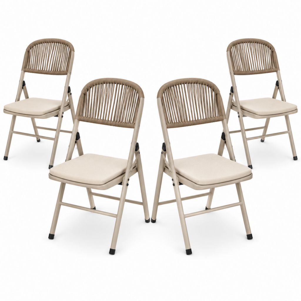 Lot de 4 chaises de jardin pliantes beige en acier et corde PE 80 x 46 x 52 cm