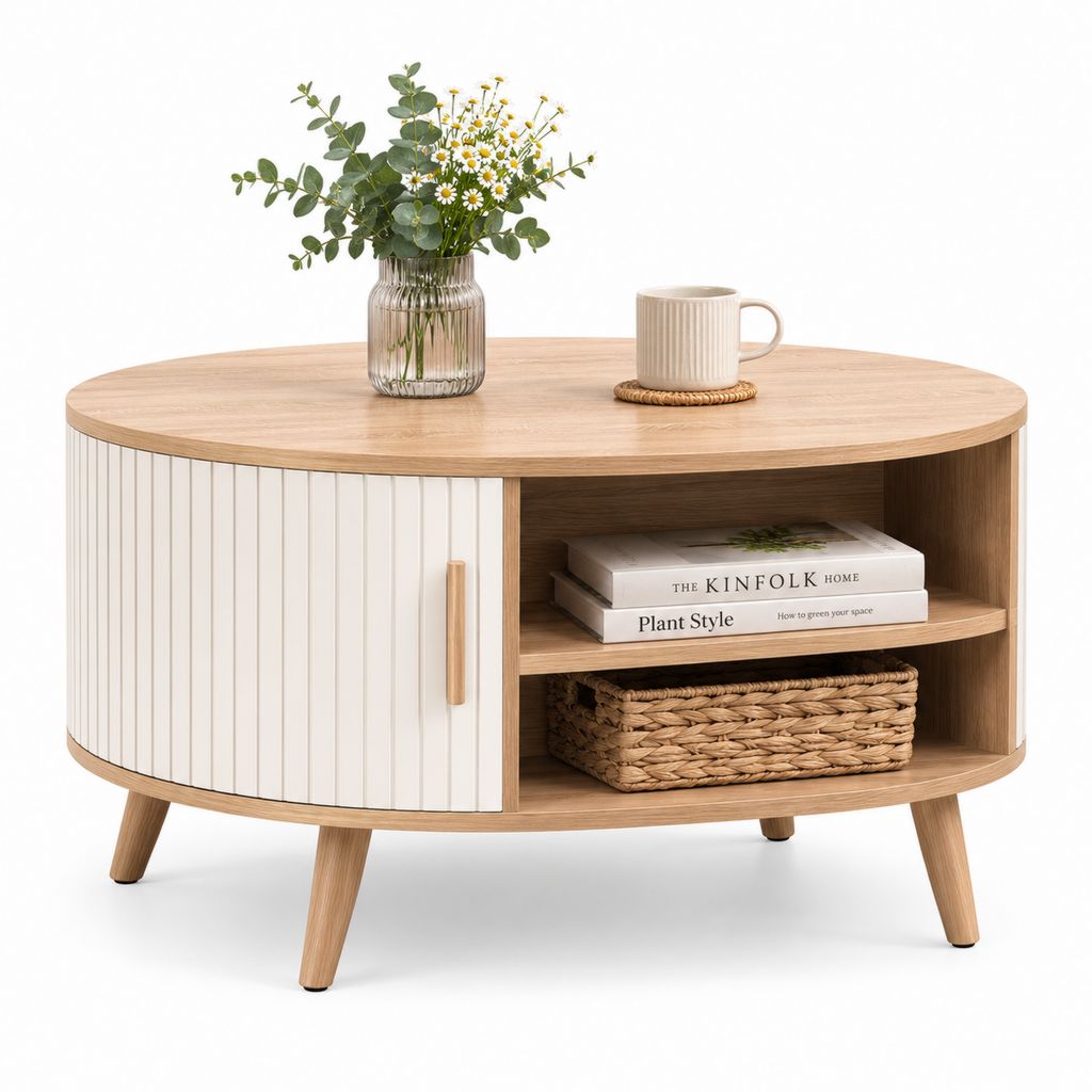 Table basse ovale avec rangement chêne clair et blanc en MDF 100 x 60 x 45 cm