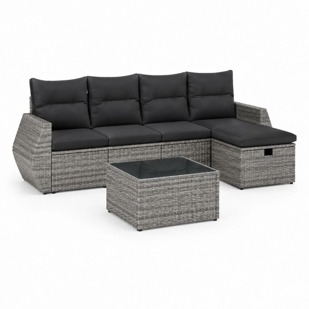 Salon de jardin d angle 4 places avec table basse gris en résine tressée PE et coussins noirs 202 x 130 x 63 cm