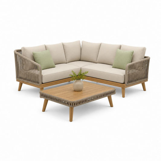 Salon de jardin d'angle 5 places avec table basse beige en acacia massif et corde PP 220 x 220 x 75 cm