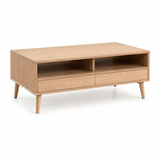 Table basse rectangulaire effet chêne avec 2 tiroirs et 2 niches 110 x 60 x 45 cm