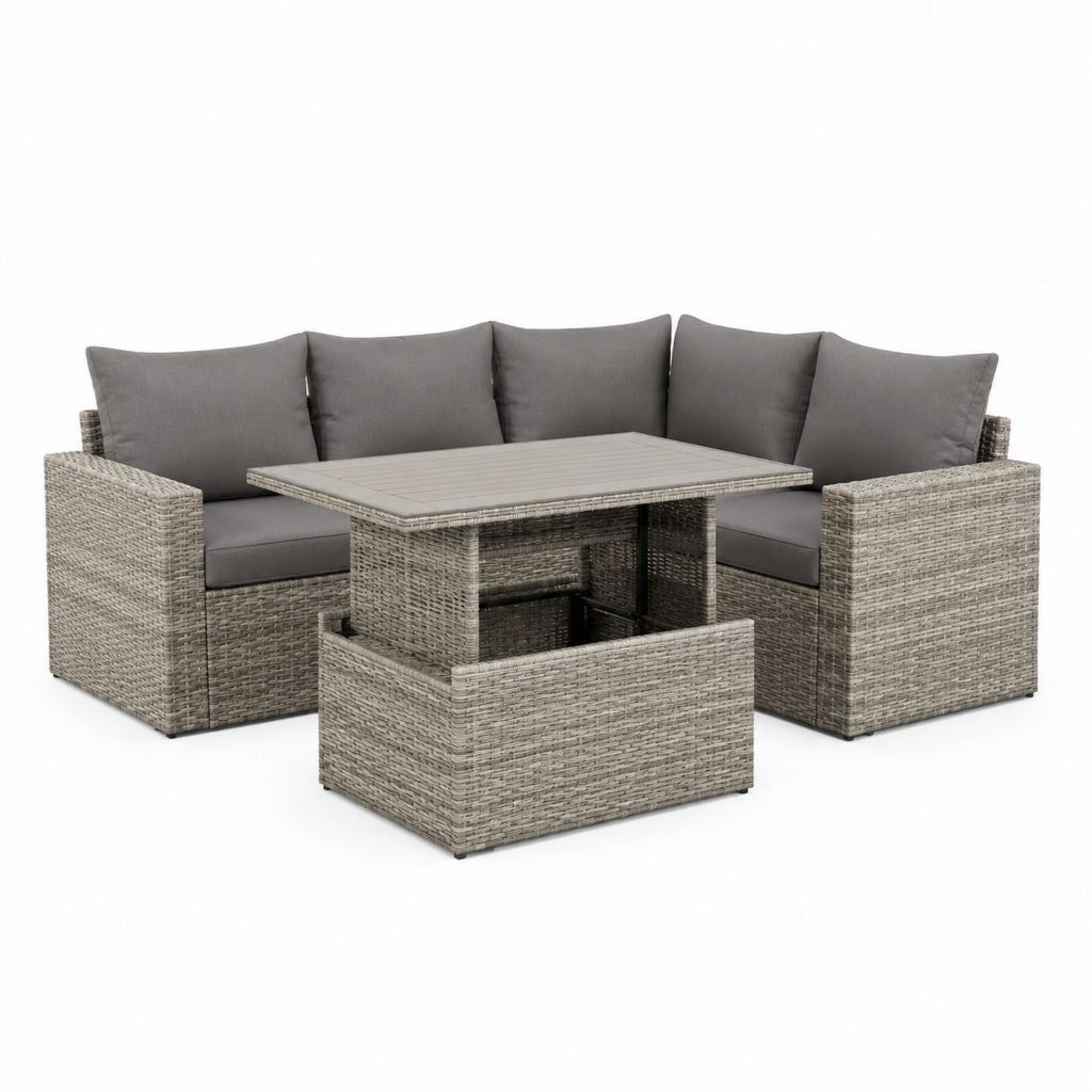 Salon de jardin d'angle 3 pièces gris en résine tressée PE avec table relevable rectangulaire 220 x 220 x 76 cm