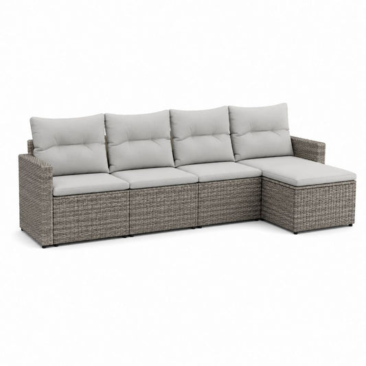 Salon de jardin d'angle 4 places gris en résine tressée et polyester 280 x 210 x 70 cm