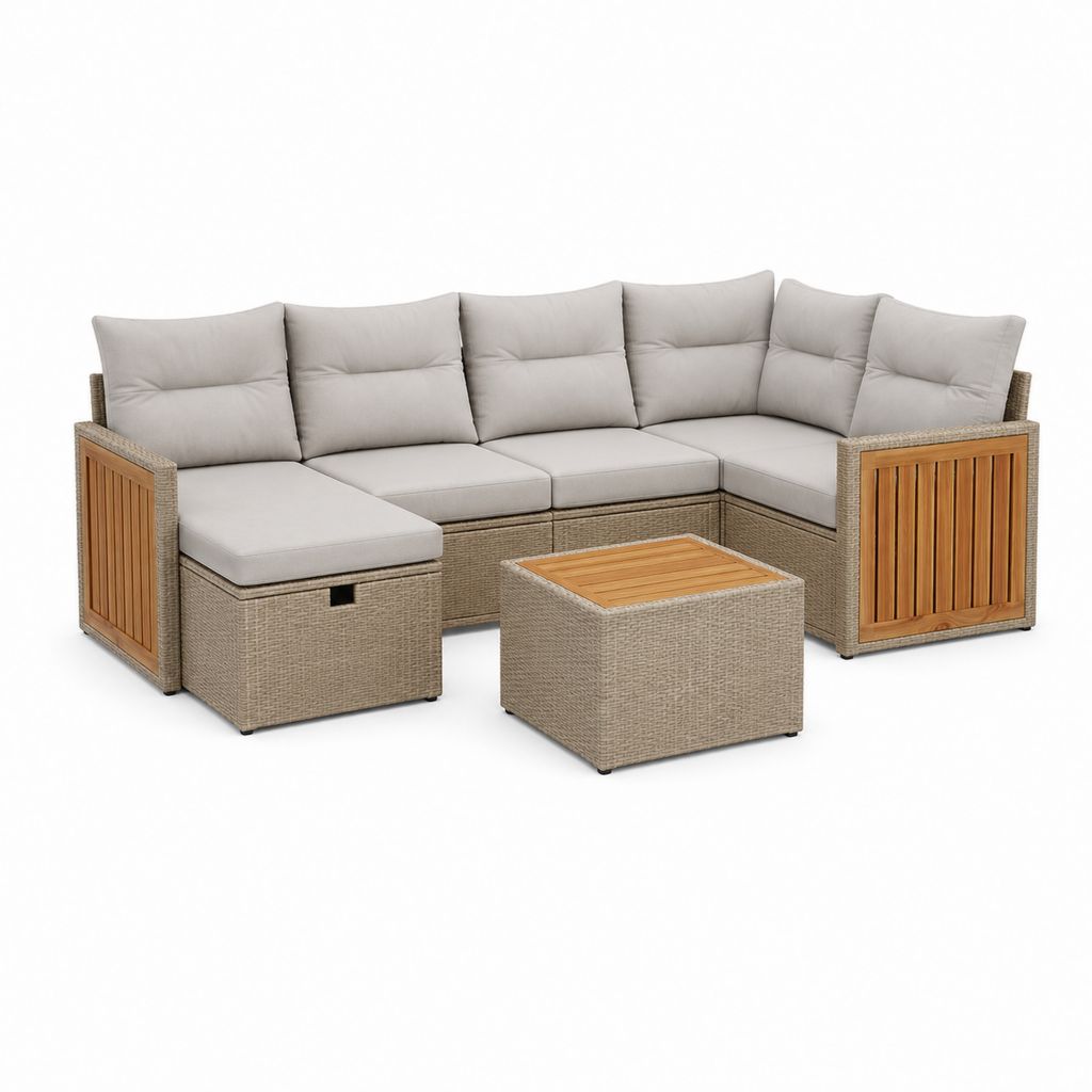 Salon de jardin d'angle 5 places avec table basse beige en résine tressée PE et aluminium 250 x 250 x 78 cm