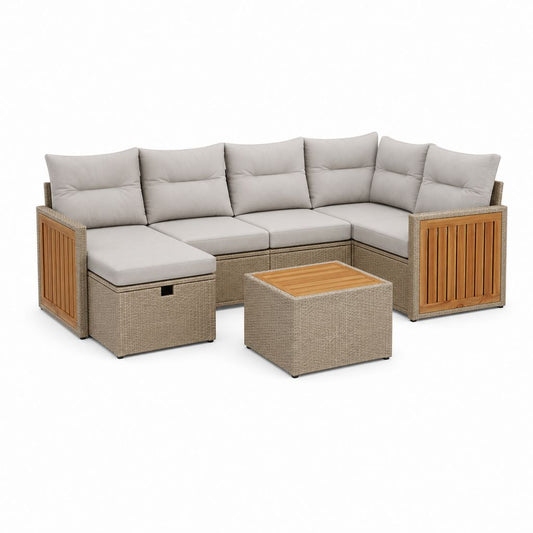 Salon de jardin d'angle 5 places avec table basse beige en résine tressée PE et aluminium 250 x 250 x 78 cm