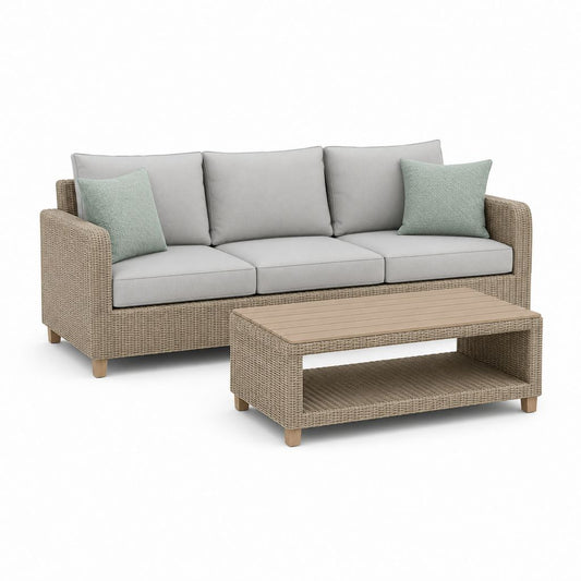 Salon de jardin 2 pièces avec canapé 3 places et table basse beige en résine tressée 210 x 85 x 78 cm
