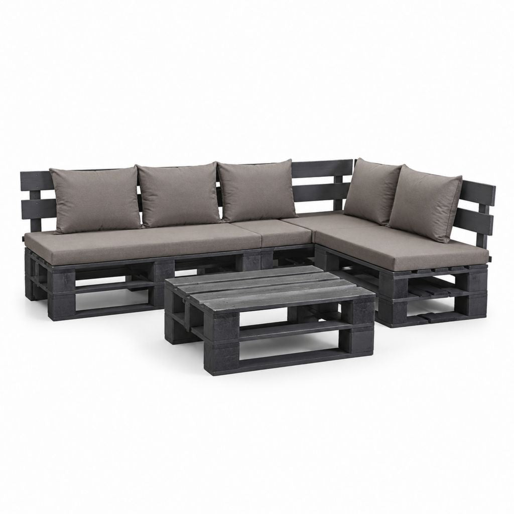 Salon de jardin d'angle 4 pièces noir et gris en pin massif avec coussins polyester 220 x 220 x 65 cm