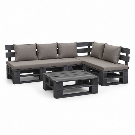 Salon de jardin d'angle 4 pièces noir et gris en pin massif avec coussins polyester 220 x 220 x 65 cm