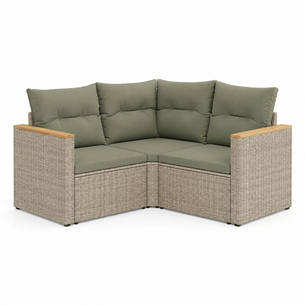 Canapé de jardin d'angle 2 places vert kaki en résine tressée PE avec coussins 140 x 70 x 70 cm