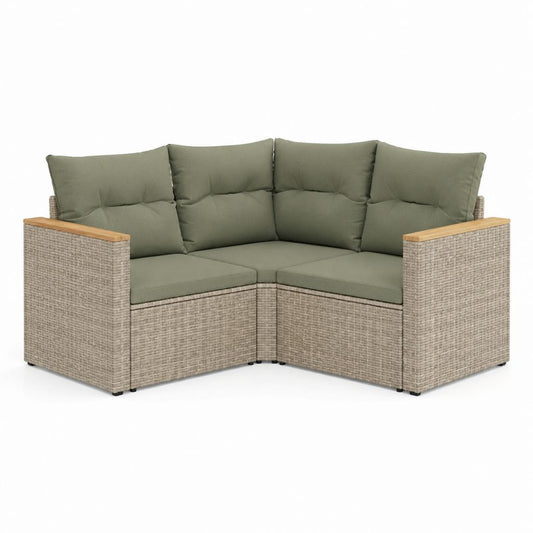 Canapé de jardin d'angle 2 places vert kaki en résine tressée PE avec coussins 140 x 70 x 70 cm