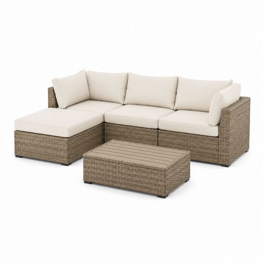 Salon de jardin d'angle 4 places avec table basse beige en résine tressée PE 230 x 160 x 65 cm