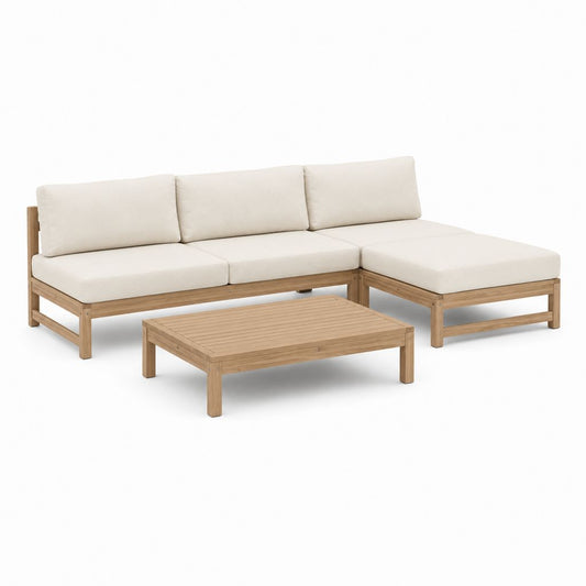Canapé de jardin d'angle 3 pièces beige en acacia massif avec table basse rectangulaire 210 x 140 x 65 cm