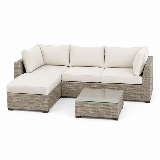 Canapé de jardin d'angle 3 places gris taupe en résine tressée PE avec table basse 230 x 150 x 65 cm