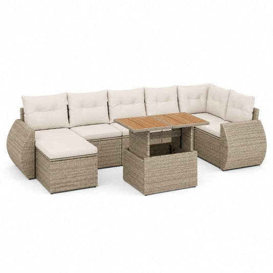 Salon de jardin modulable 7 pièces en résine tressée beige avec coussins crème et table relevable 280 x 210 x 85 cm