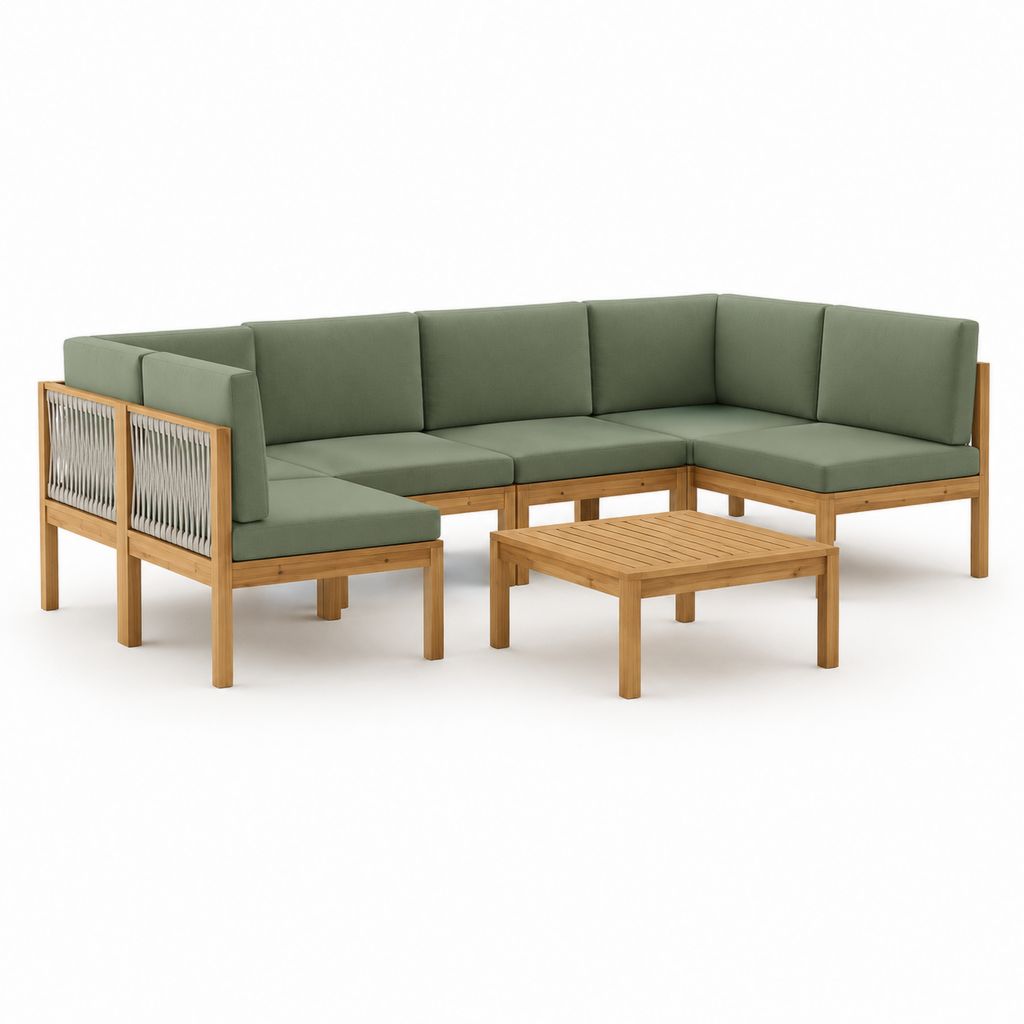 Salon de jardin d'angle 5 places vert en acacia avec coussins polyester et table basse 250 x 190 x 78 cm