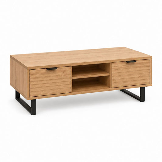 Table basse rectangulaire effet chêne avec 2 tiroirs et rangement ouvert 120 x 60 x 45 cm