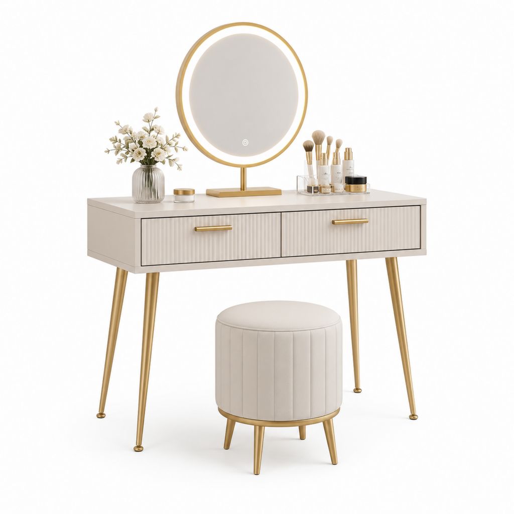 Coiffeuse avec miroir rond LED et tabouret blanc cassé et or en MDF 100 x 45 x 76 cm