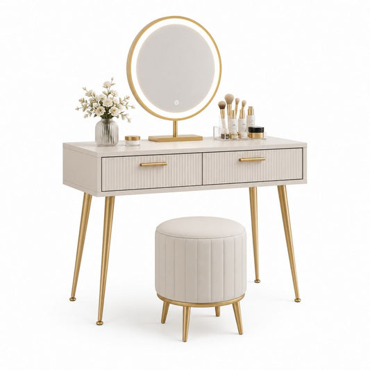Coiffeuse avec miroir rond LED et tabouret blanc cassé et or en MDF 100 x 45 x 76 cm