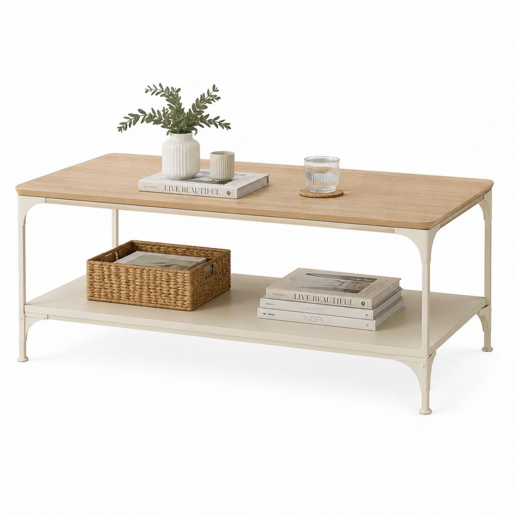 Table basse rectangulaire avec étagère 120 x 60 x 45 cm beige et chêne clair en MDF plaqué chêne et acier