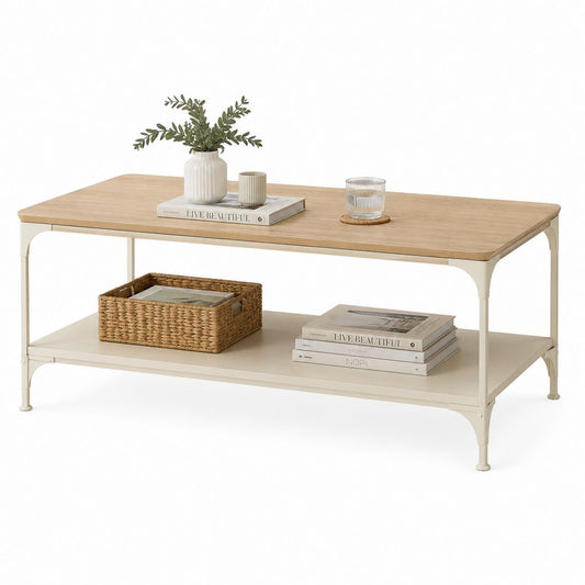 Table basse rectangulaire avec étagère 120 x 60 x 45 cm beige et chêne clair en MDF plaqué chêne et acier