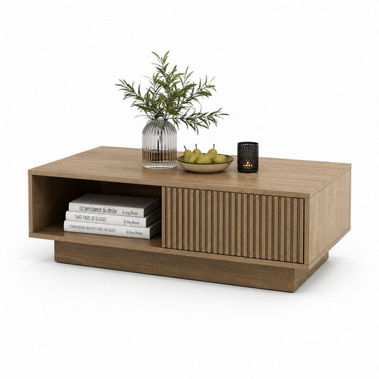 Table basse rectangulaire chêne brun avec rangement et porte coulissante 120 x 60 x 40 cm