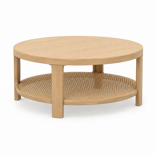 Table basse ronde avec rangement chêne clair et cannage Ø80 x H45 cm