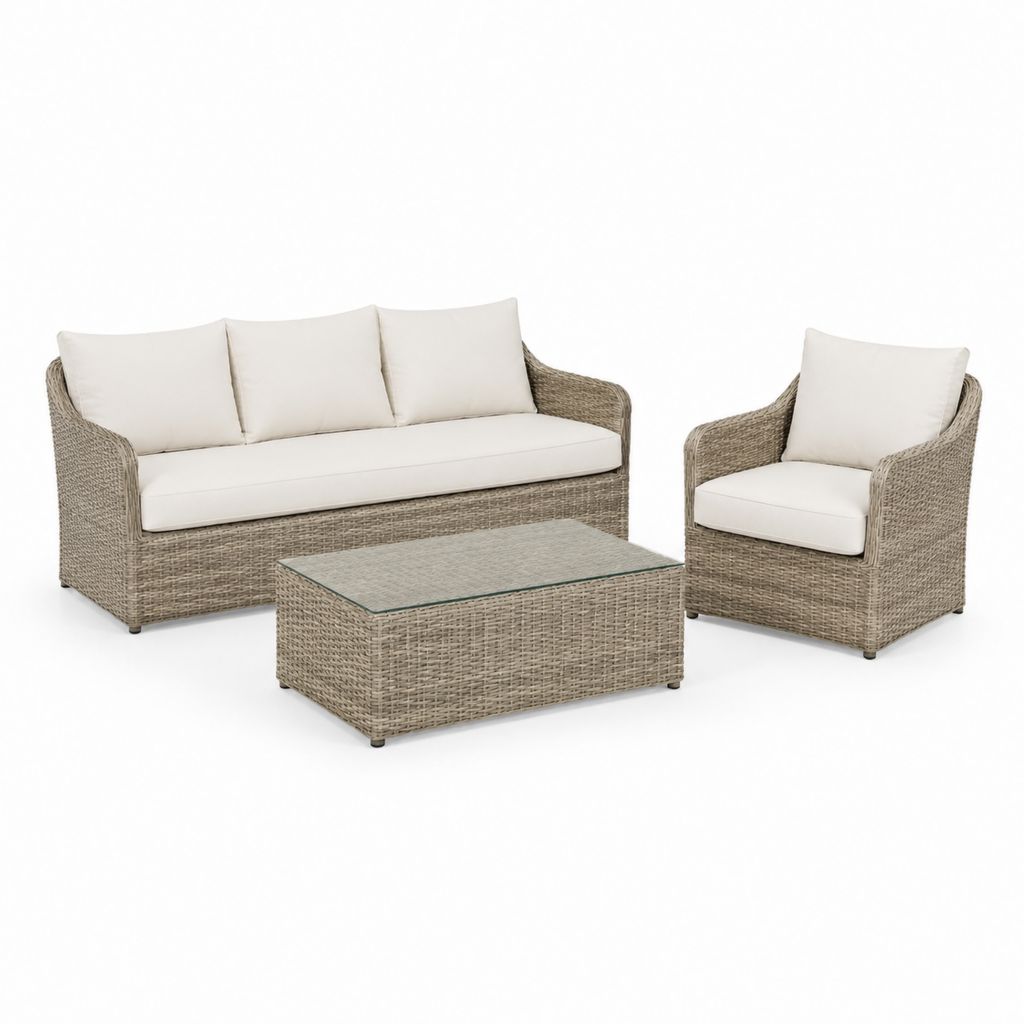 Salon de jardin 3 pièces en résine tressée PE taupe avec coussins polyester ivoire canapé 180 x 75 x 78 cm fauteuil 75 x 75 x 78 cm table rectangulaire 110 x 60 x 45 cm