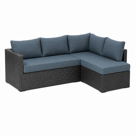 Canapé de jardin d'angle 3 places gris anthracite et bleu gris en résine tressée PE avec coussins 200 x 140 x 83 cm