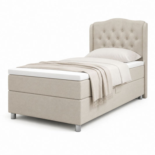 Lit à ressorts 90 x 190 cm beige en polyester avec tête de lit capitonnée