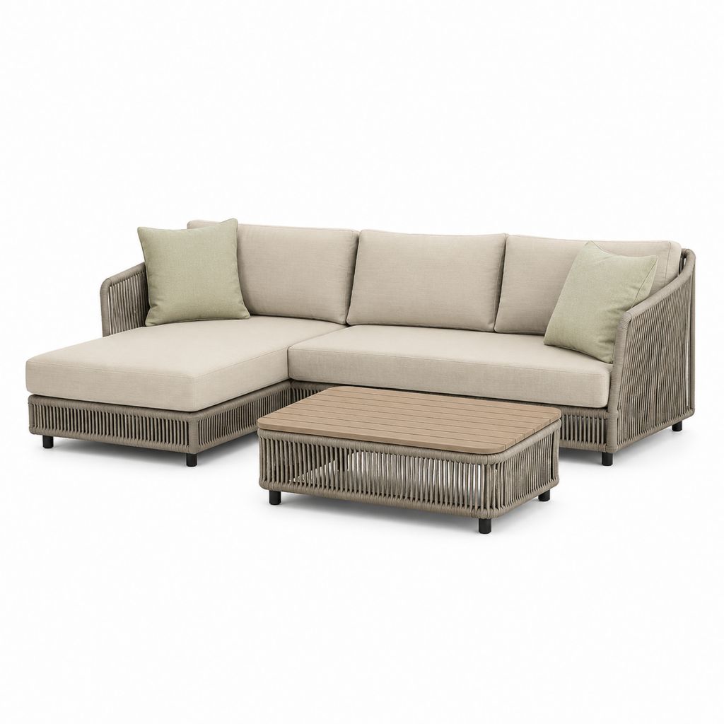 Salon de jardin d'angle 4 places avec table basse beige en aluminium et corde PE 250 x 160 cm