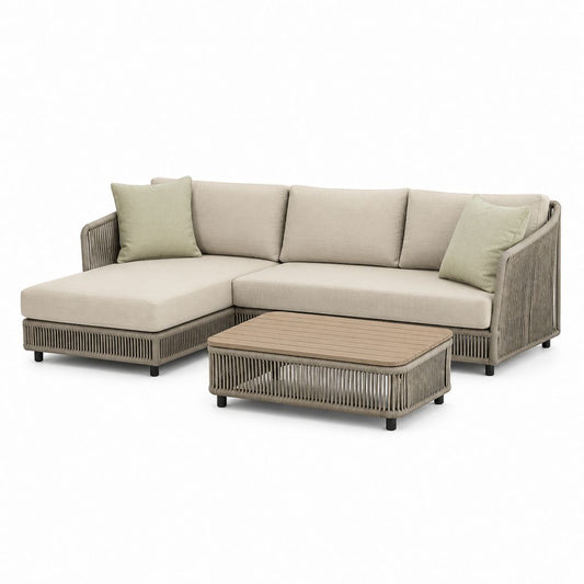 Salon de jardin d'angle 4 places avec table basse beige en aluminium et corde PE 250 x 160 cm