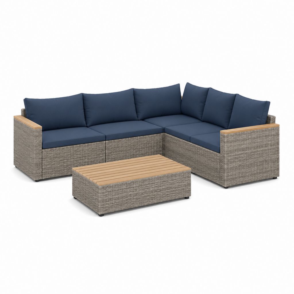 Salon de jardin d'angle 5 places gris en résine tressée PE avec coussins bleu marine et table basse 210 x 210 x 66 cm