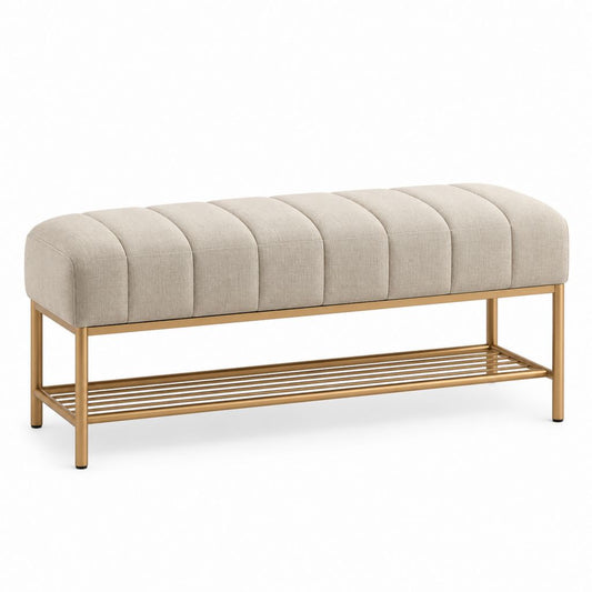 Banc de bout de lit capitonné beige en polyester avec structure en acier doré 120 x 40 x 48 cm