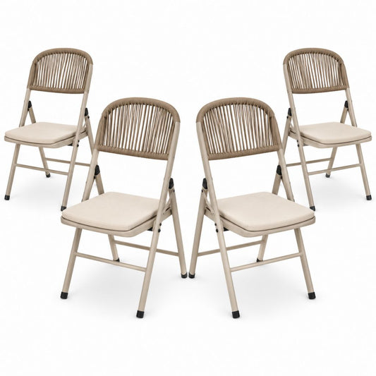 Lot de 4 chaises de jardin pliantes beige en acier et corde PE 80 x 46 x 52 cm