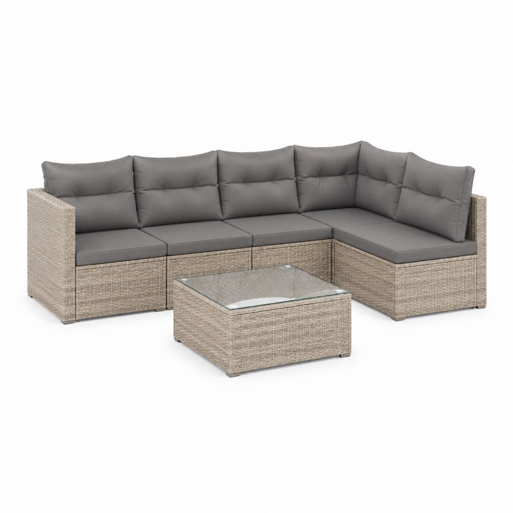 Salon de jardin d'angle 4 places beige gris en résine tressée PE avec table basse 240 x 180 x 65 cm