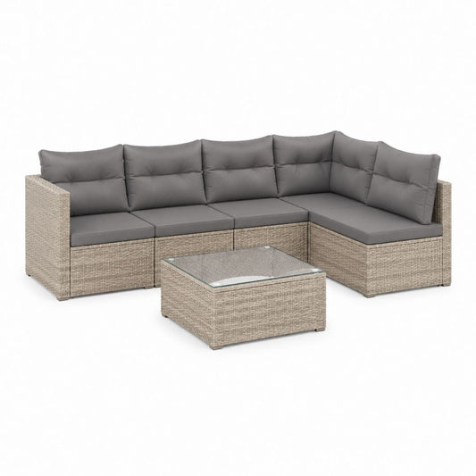 Salon de jardin d'angle 4 places beige gris en résine tressée PE avec table basse 240 x 180 x 65 cm