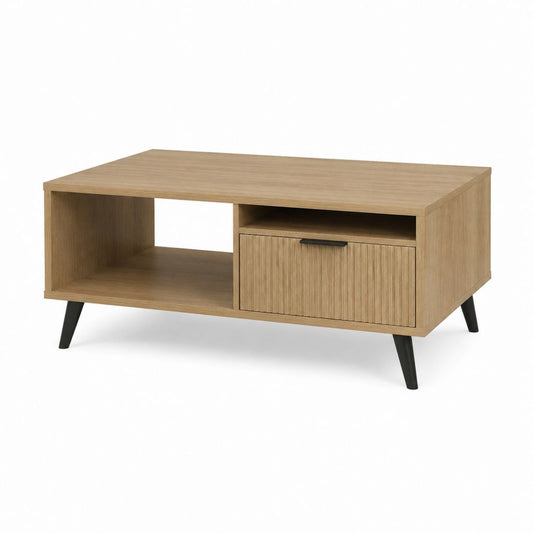 Table basse rectangulaire chêne clair en panneaux de particules 100 x 50 x 45 cm avec rangement et porte