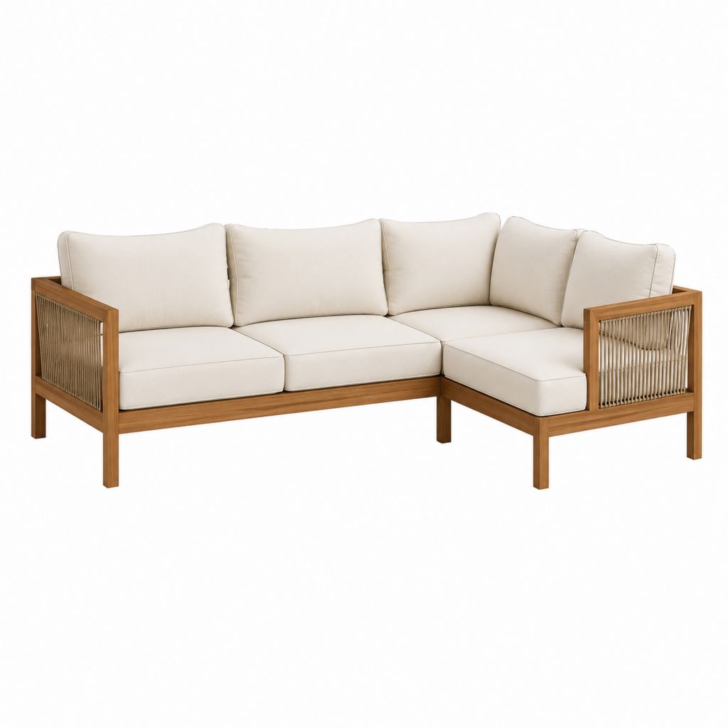 Canapé de jardin d'angle 5 places beige en acacia et corde tressée 220 x 160 x 75 cm