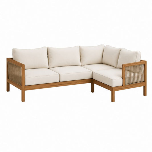 Canapé de jardin d'angle 5 places beige en acacia et corde tressée 220 x 160 x 75 cm