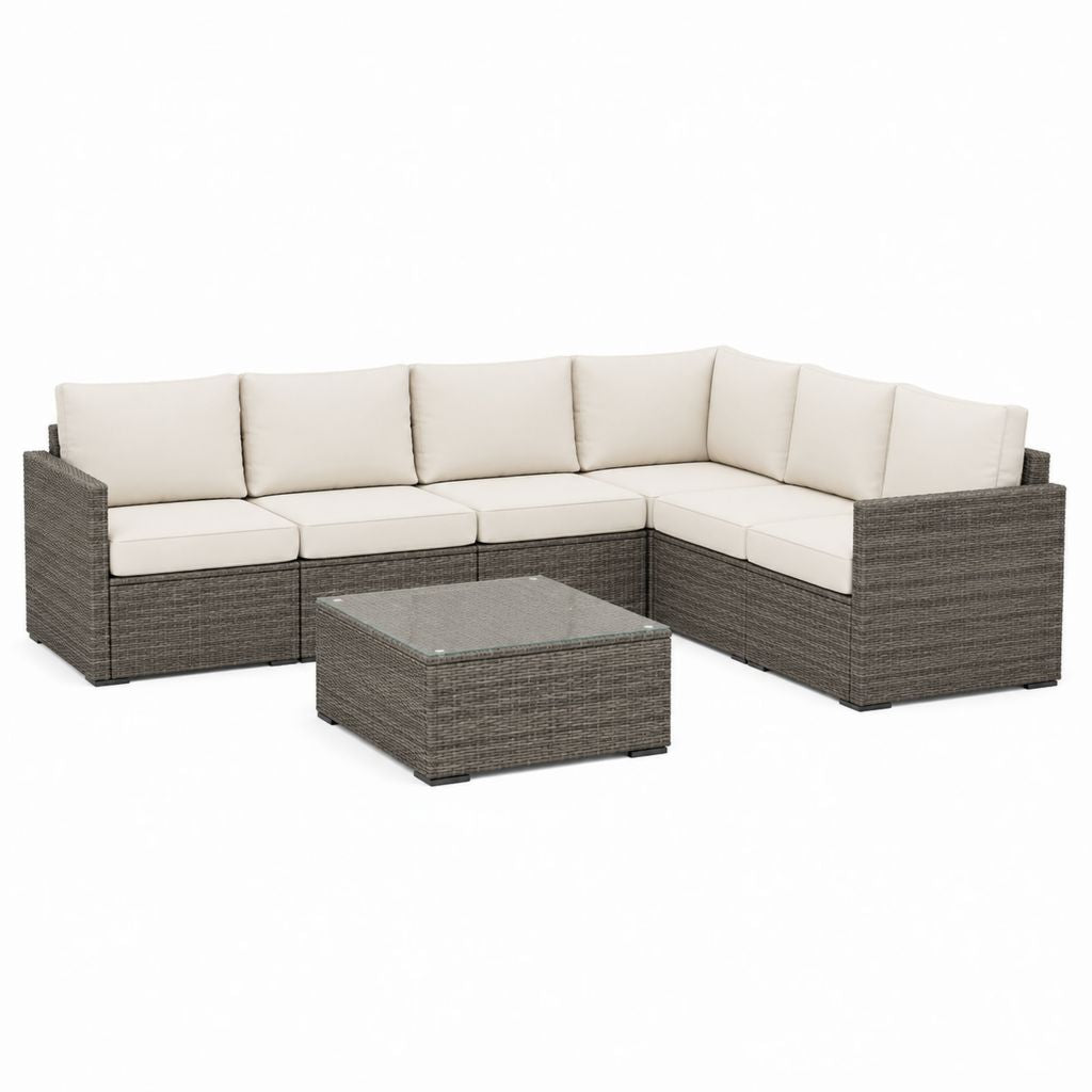 Salon de jardin d'angle 5 places gris en résine tressée PE avec coussins crème et table basse 220 x 220 x 65 cm