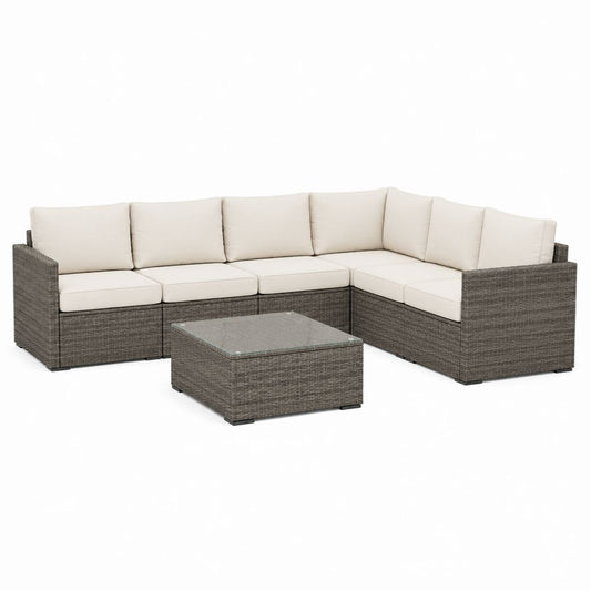 Salon de jardin d'angle 5 places gris en résine tressée PE avec coussins crème et table basse 220 x 220 x 65 cm