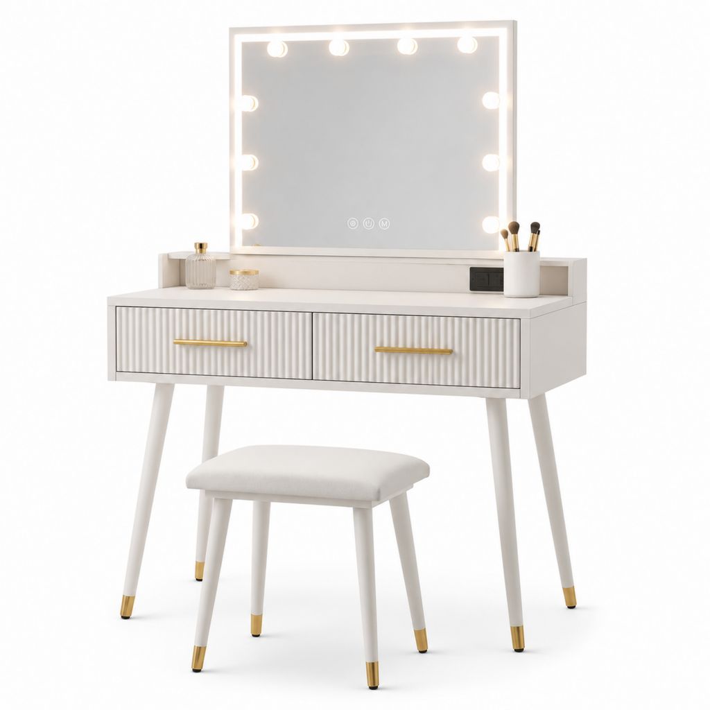 Coiffeuse avec miroir lumineux et tabouret blanc en MDF 80 x 40 x 140 cm