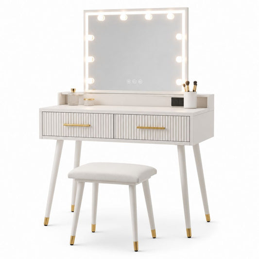 Coiffeuse avec miroir lumineux et tabouret blanc en MDF 80 x 40 x 140 cm