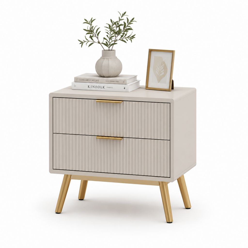 Table de chevet 2 tiroirs beige en panneaux MDF rainurés 60 x 40 x 55 cm