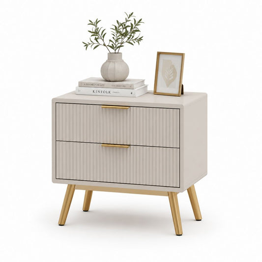 Table de chevet 2 tiroirs beige en panneaux MDF rainurés 60 x 40 x 55 cm