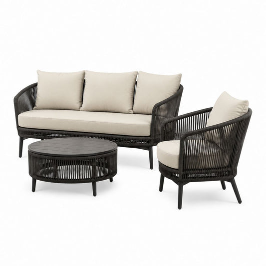 Salon de jardin 4 pièces noir et beige en acier thermolaqué corde PE avec canapé 3 places fauteuil et table basse ovale