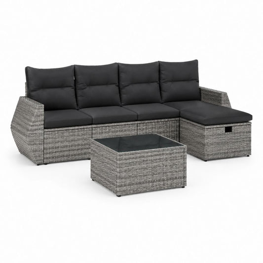 Salon de jardin d angle 4 places avec table basse gris en résine tressée PE et coussins noirs 202 x 130 x 63 cm
